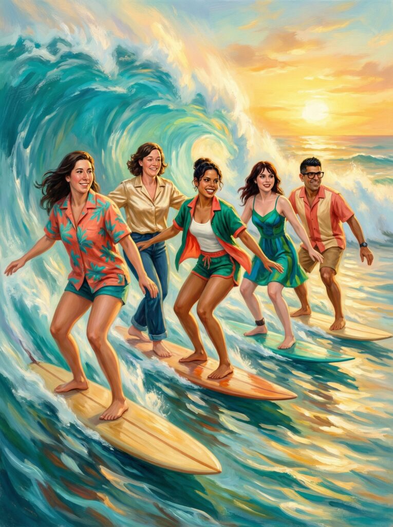 Group of five diverse friends surfing on vibrant waves at sunset, showcasing a fun, lively atmosphere perfect for summer-themed events and pop culture experiences.