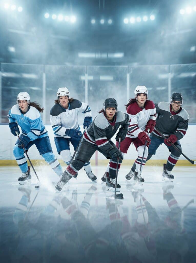 Hockey players in action on the ice, showcasing athleticism and teamwork, representing sports themes for photo booth experiences.