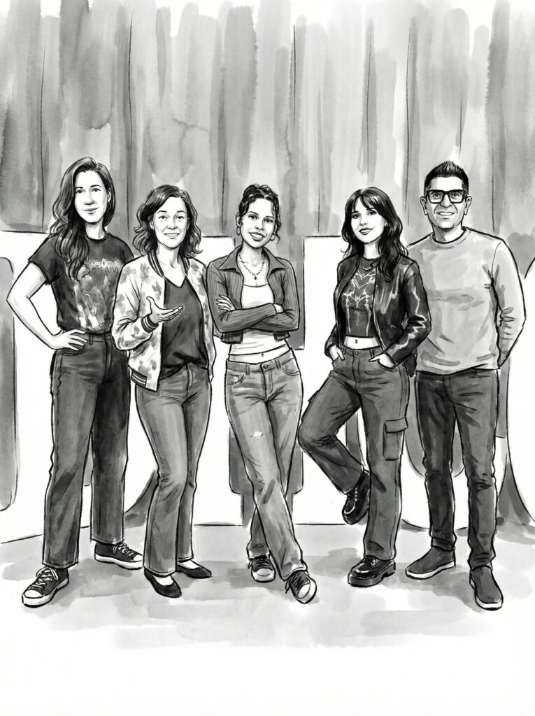 Group of five individuals posing in a stylized ink wash portrait, showcasing diverse fashion styles and expressions, reflecting a blend of modern aesthetics and artistic expression, relevant to Pop Life Photo's theme of creating unique event experiences through artistic filters.