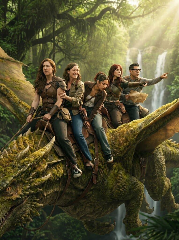 Group of adventurers riding a moss-covered dragon in a lush jungle setting, capturing a fantasy experience relevant to immersive pop culture themes.