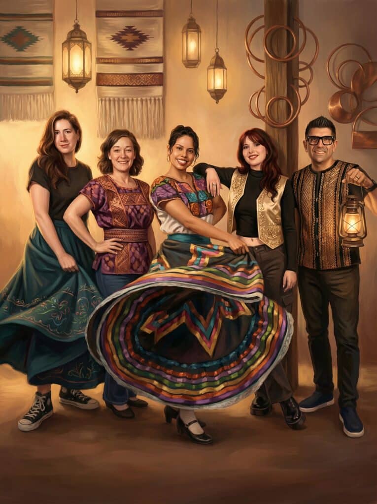 Group of five individuals in vibrant traditional attire, showcasing cultural heritage, set against a warm, festive backdrop with decorative lanterns and textiles, reflecting a Latin festive theme.