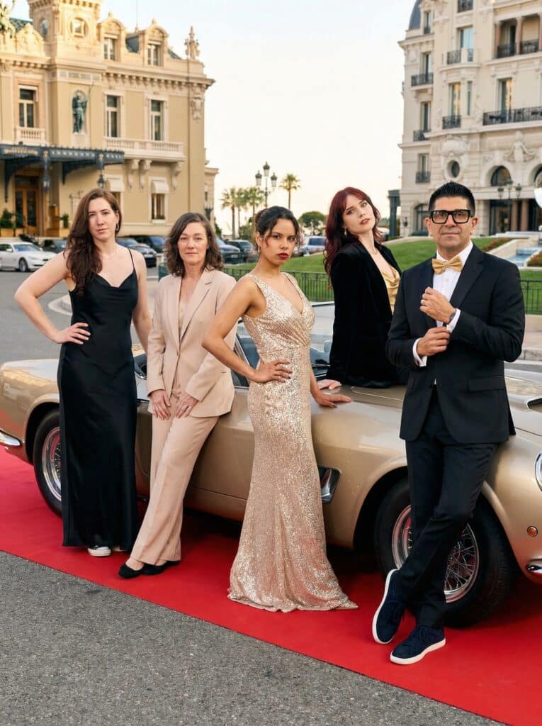 Group of elegantly dressed individuals posing on a red carpet in front of a luxury car, set against a glamorous backdrop reminiscent of Monaco's high-end fashion and event culture, highlighting themes of luxury and celebration.