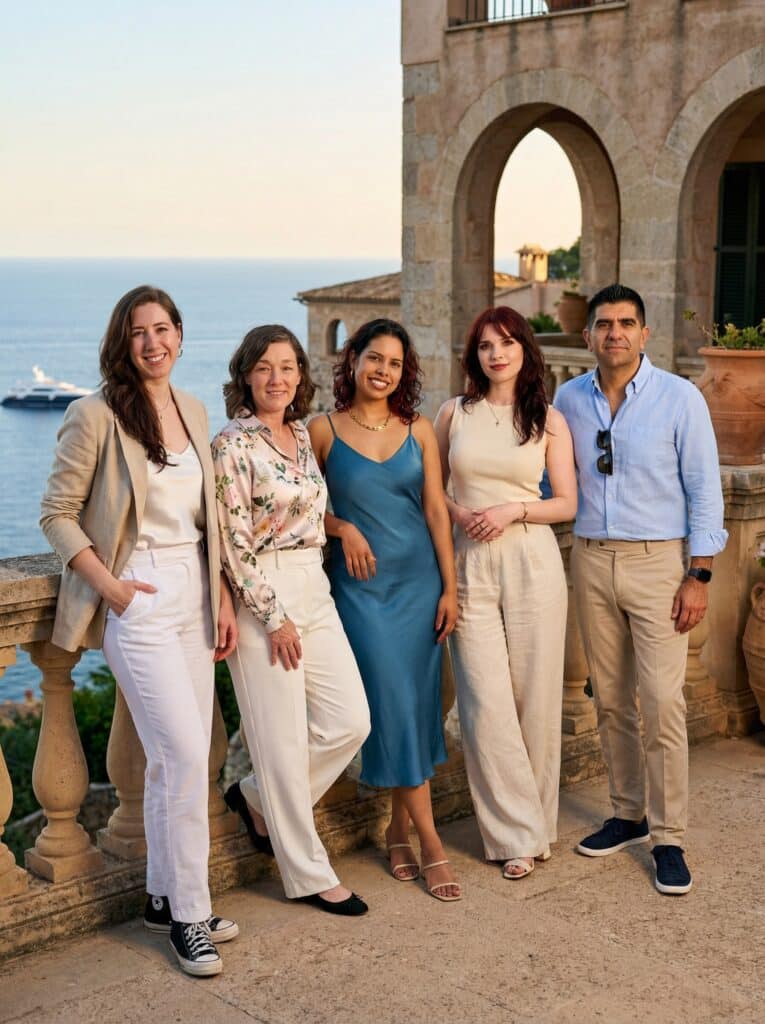 Five people posing together in a picturesque outdoor setting, dressed in stylish attire, with a backdrop of the ocean and historic architecture, representing luxury travel and high-end experiences.