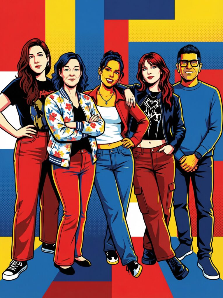 Group of five diverse individuals posing together in vibrant, stylized pop art fashion, embodying themes of nostalgia and creativity, suitable for immersive event experiences and AI-enhanced photo booth filters.