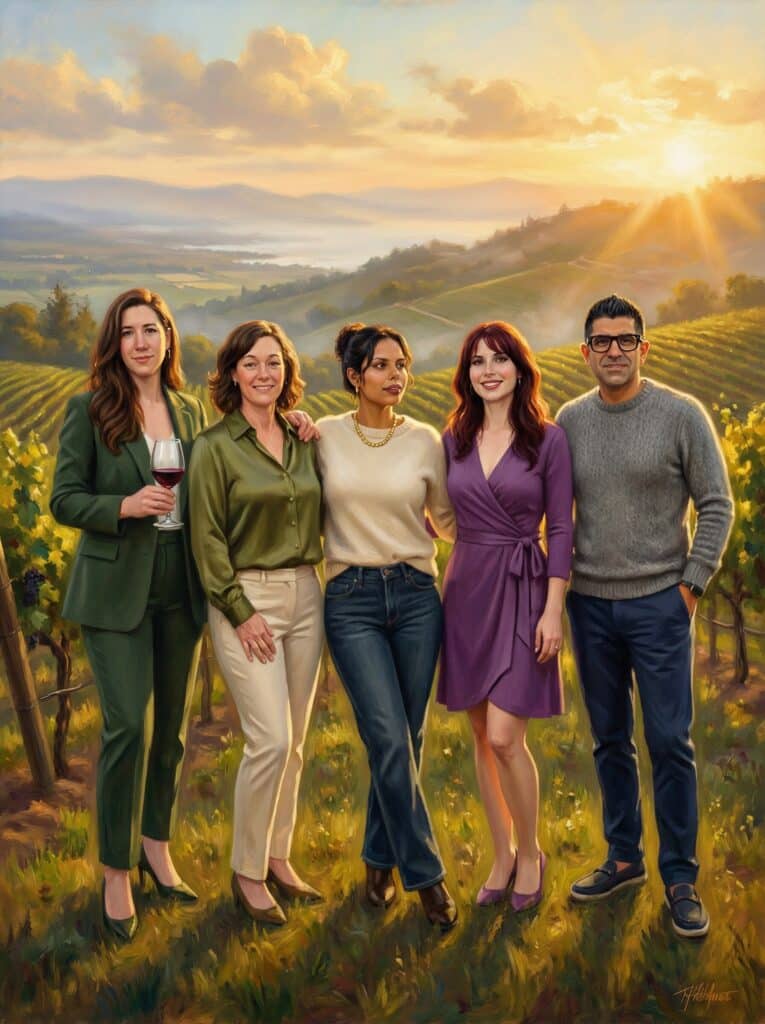Group of five people posing in a vineyard during sunset, showcasing elegant attire and a festive atmosphere, reflecting the spirit of wine country experiences.