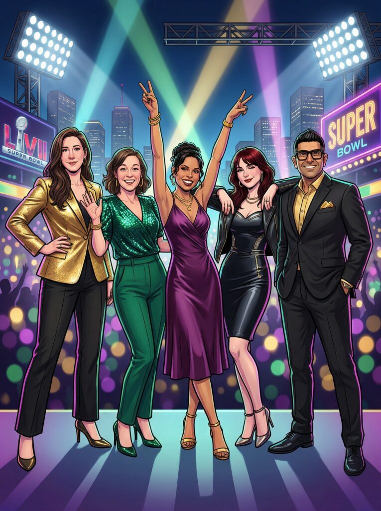 Group of five stylized characters celebrating with vibrant lights and a Super Bowl backdrop, showcasing glamorous outfits in a festive nightlife setting.