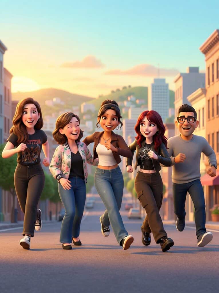Five animated characters joyfully running down a city street, embodying themes of friendship and adventure, reflecting the vibrant, engaging atmosphere of fantasy and pop culture experiences.