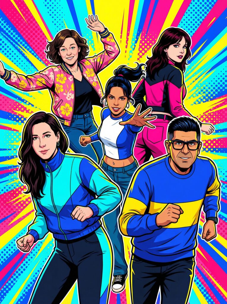 Vibrant pop art illustration featuring diverse individuals in retro athletic attire, embodying 80s arcade and vapor wave themes, with a colorful burst background reflecting nostalgic and historical aesthetics.