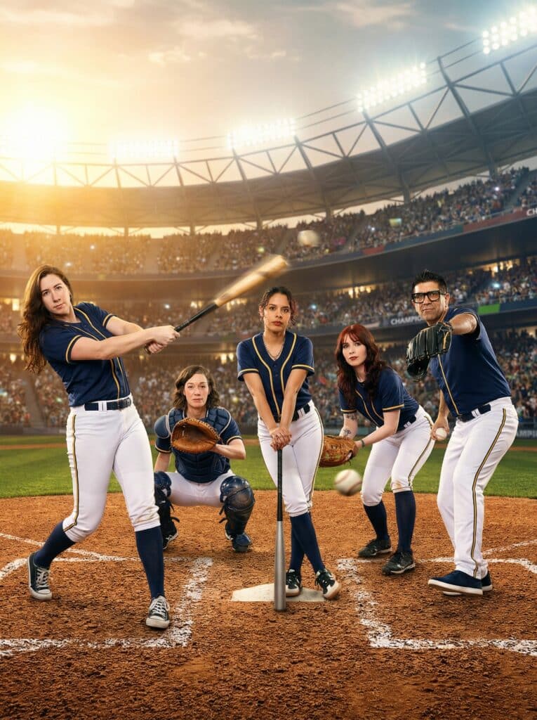 Group of diverse baseball players in a stadium setting, showcasing dynamic poses with a bat and glove, emphasizing sports and athleticism for photo booth themes.