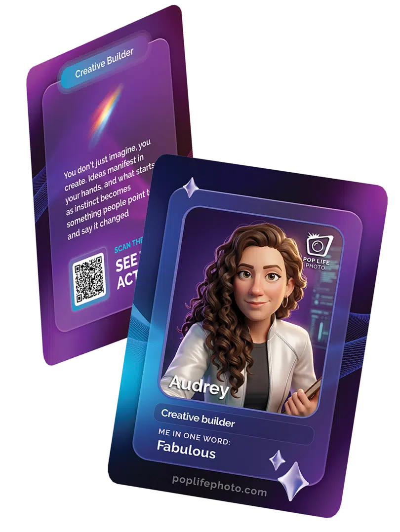 AI Trading Cards with personalized content and QR code, featuring a woman named Audrey.