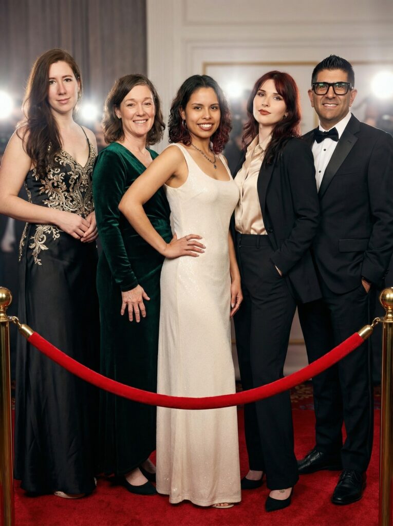 Group of five elegantly dressed individuals posing on a red carpet, showcasing high-end fashion and luxury aesthetics in a glamorous event setting.