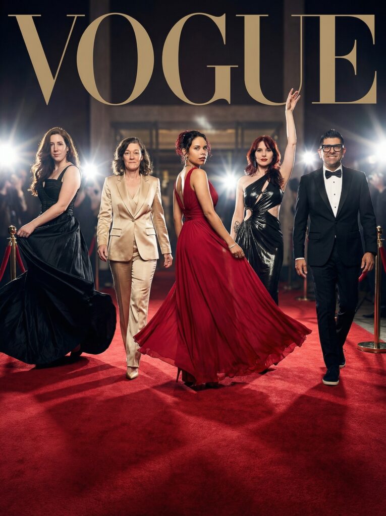 Fashionable guests on the red carpet, showcasing high-end editorial looks, with a Vogue magazine title overlay.