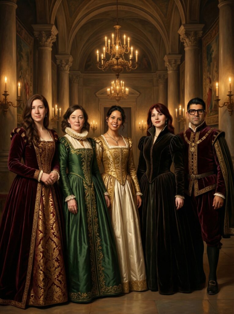 Group of five individuals in Renaissance-style attire, featuring elegant gowns and period costumes, set in a grand hall with chandeliers, reflecting themes of historic glamour and nostalgia.