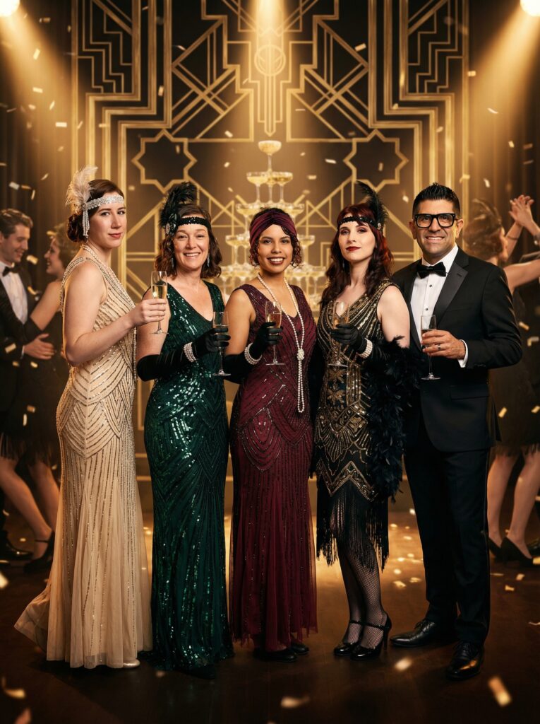 Group of elegantly dressed individuals in 1920s attire, featuring sequined dresses and accessories, celebrating in a glamorous Art Deco setting with champagne glasses, embodying the Roaring 20s theme.