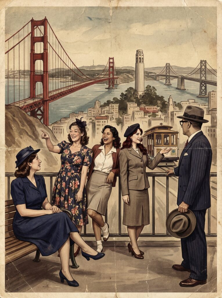 Vintage postcard featuring five women in 1940s attire and a man, with the Golden Gate Bridge and San Francisco skyline in the background, evoking nostalgia and historic charm.
