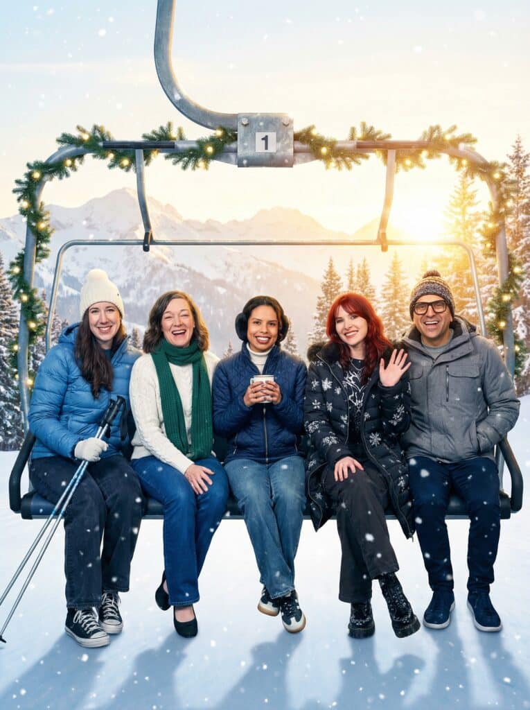 Group of five diverse friends on a ski lift in a winter landscape, wearing stylish winter attire, surrounded by snow-covered mountains and festive decorations, capturing a joyful holiday moment.