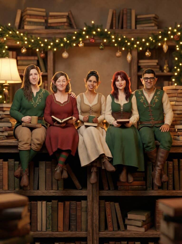 Five individuals dressed as storybook elves sitting on a wooden shelf among books, surrounded by festive decorations and warm lighting, evoking a cozy holiday atmosphere.