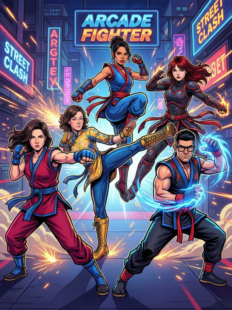 Five dynamic characters in martial arts attire, showcasing action poses in a vibrant, neon-lit street setting with "Arcade Fighter" and "Street Clash" signs, embodying themes of Fantasy & Pop Culture and gaming nostalgia.