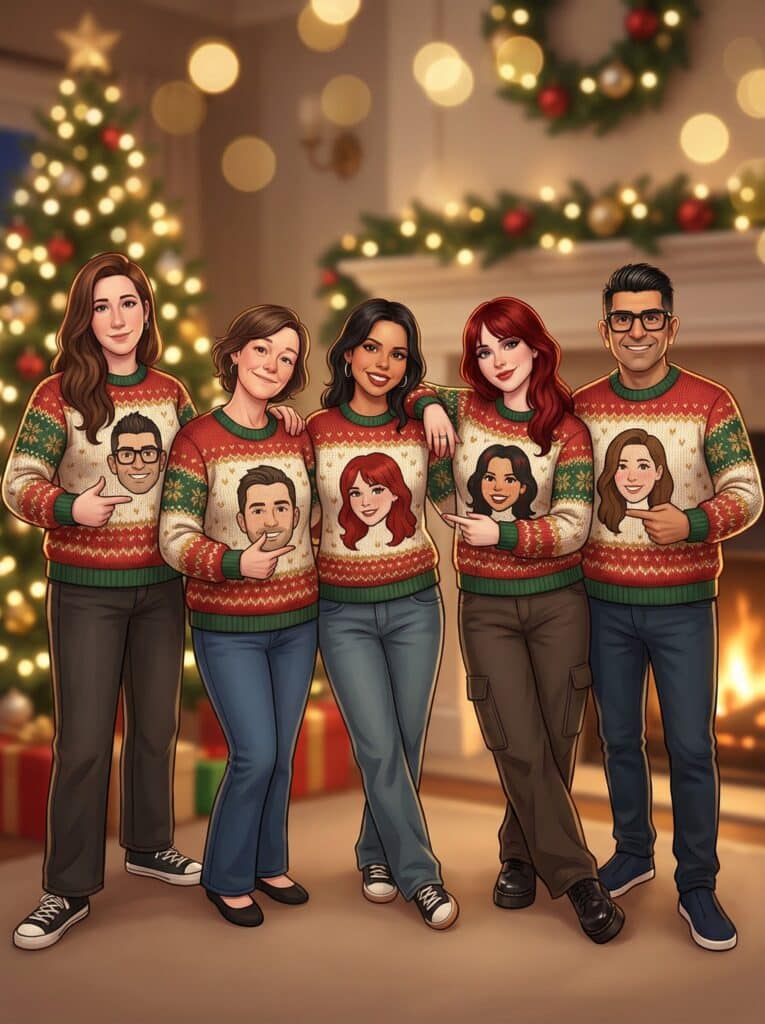 Group of five people wearing personalized ugly Christmas sweaters, standing together in front of a decorated Christmas tree and a cozy fireplace, embodying a festive holiday spirit.