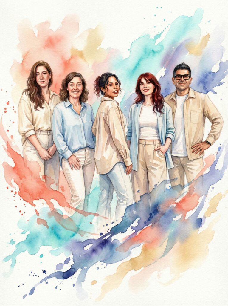 Watercolor illustration of five diverse individuals in stylish outfits, surrounded by vibrant splashes of color, representing artistic expression and creativity in event photography.
