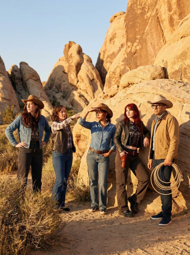 Group of five people dressed in Western attire, standing in a rocky desert landscape, engaging in a casual conversation, with one person gesturing, evoking themes of adventure and the Western frontier.