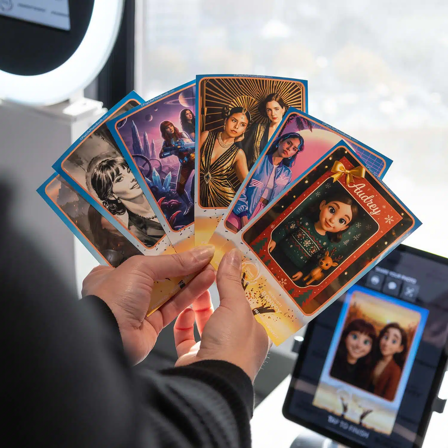 Hand displaying AI-transformed portraits and printed keepsakes from Pop Life Photo booth.