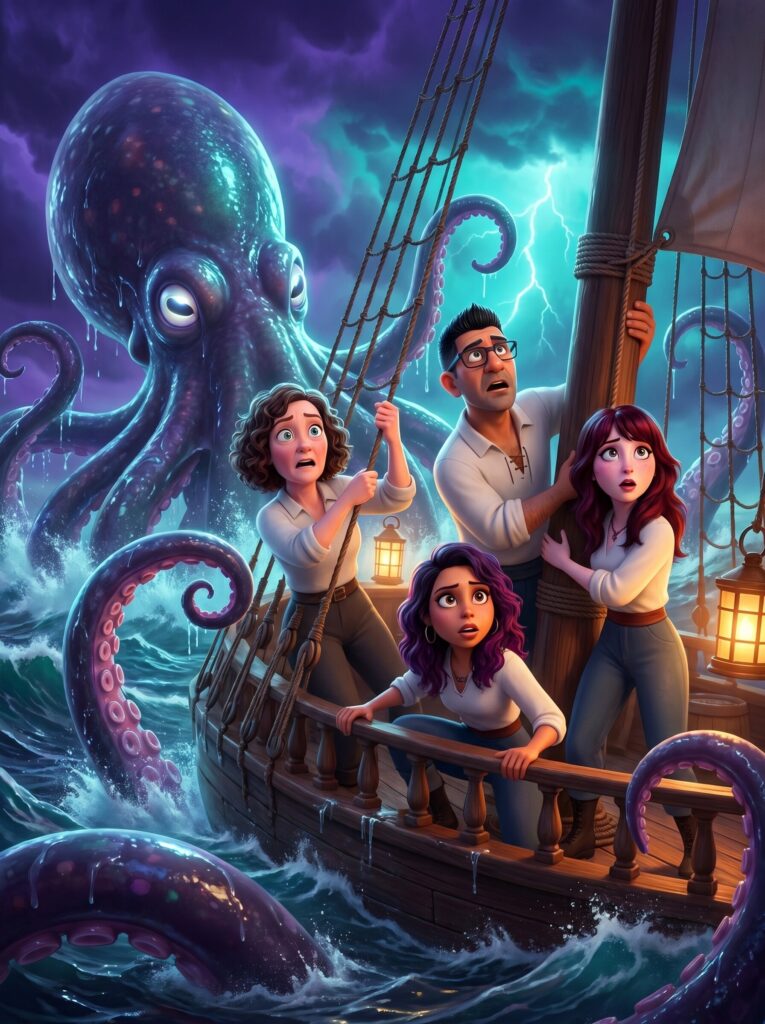 Kraken attack filter, stylized illustration of a ship and passengers in peril.