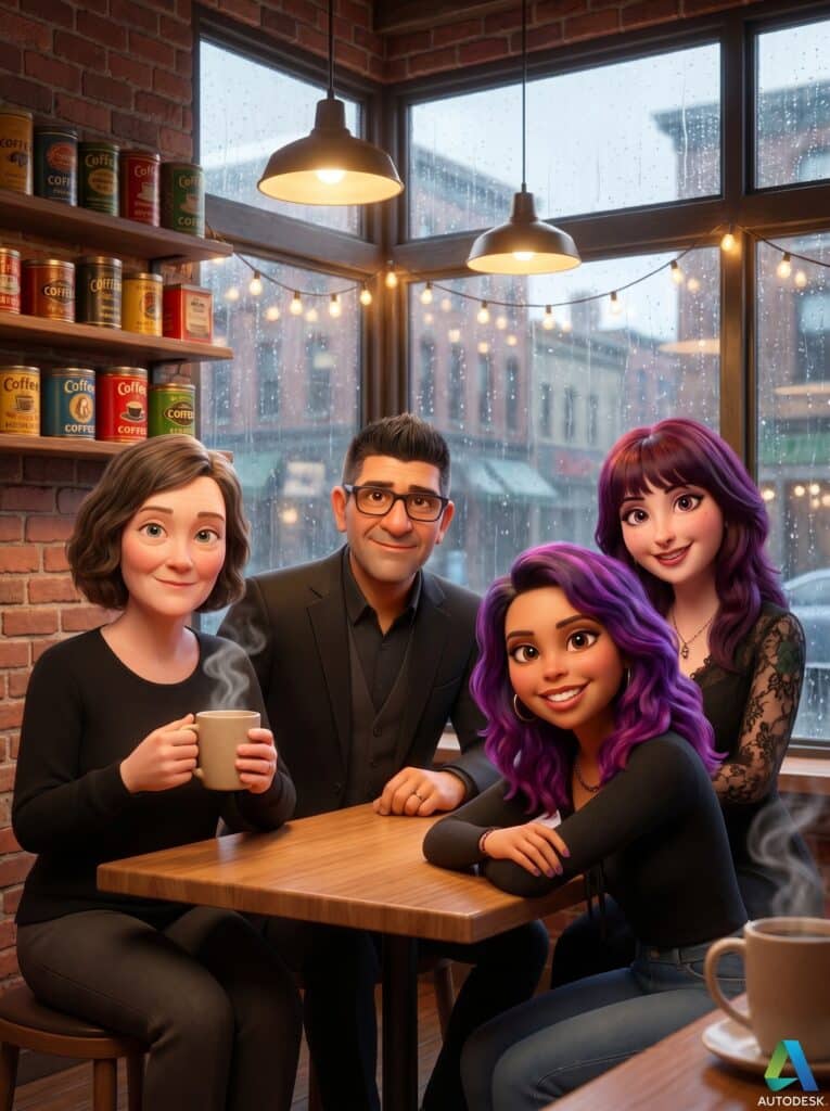 AI filter: Rainy Cafe style photo booth experience with stylized characters