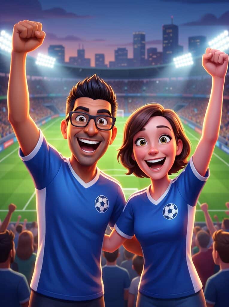Couple celebrating at soccer game, cinematic sports filter, Pop Life Photo booth experience.