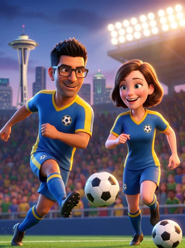 Cartoon couple in soccer jerseys with Seattle skyline, Pop Life Photo booth filter.