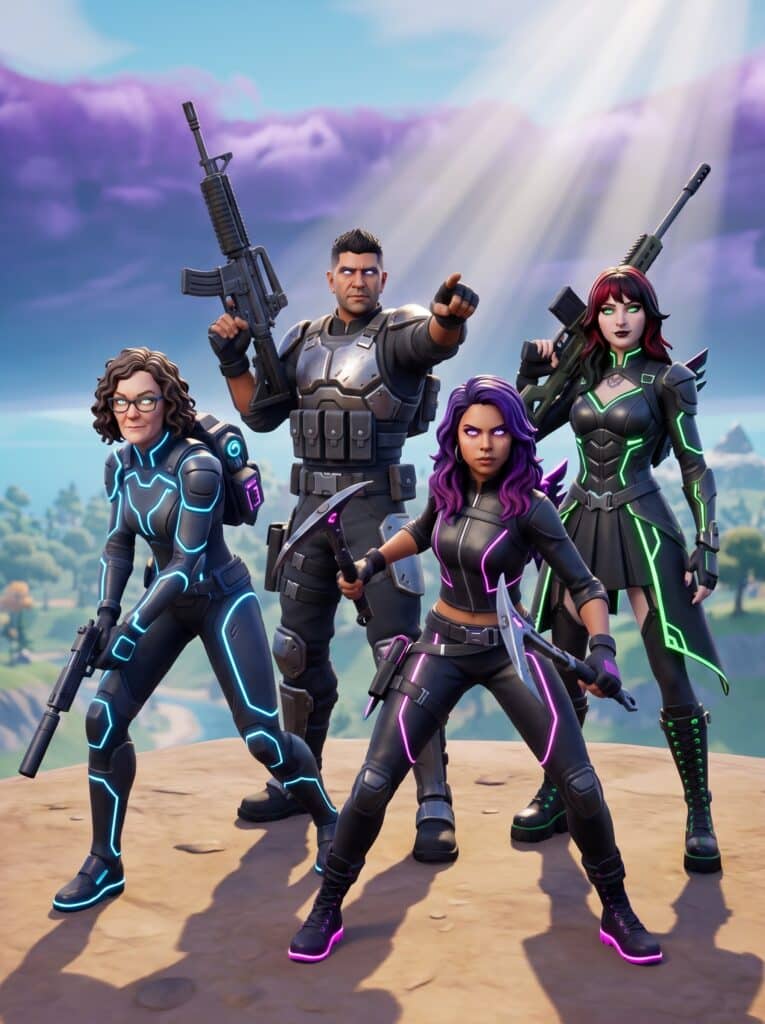 Battle Royale AI filter featuring Fortnite characters and stylized action figures.