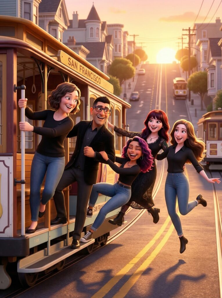 Group of animated characters joyfully riding a San Francisco cable car at sunset, embodying themes of fantasy and pop culture, perfect for event photo booth experiences.