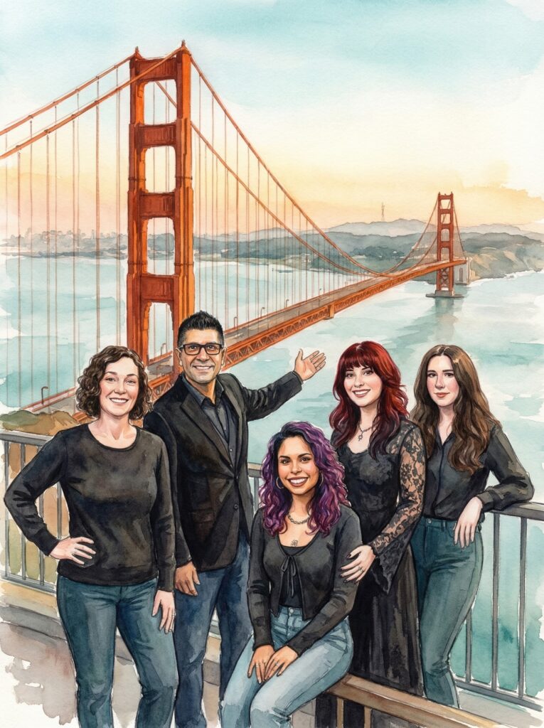Golden Gate Bridge in the background, group of five diverse individuals posing together, showcasing a blend of urban and scenic elements, ideal for fantasy and pop culture themes.