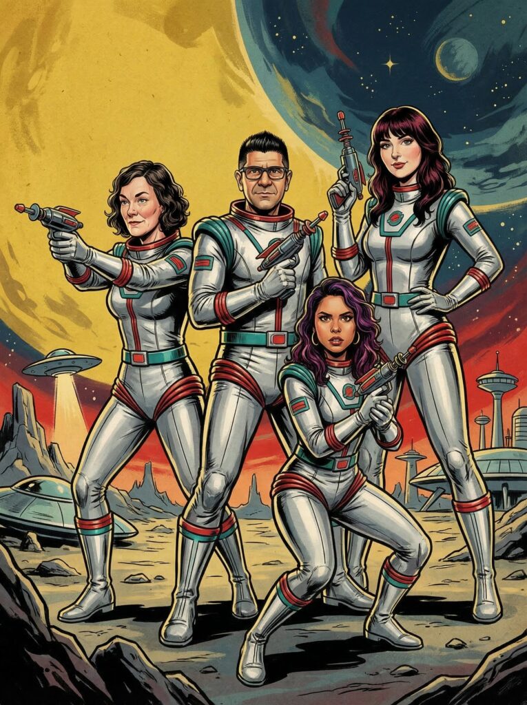 Illustration of four astronauts in futuristic space suits, posing with laser guns against a cosmic backdrop featuring planets and spaceships, emphasizing themes of adventure and exploration in event marketing.
