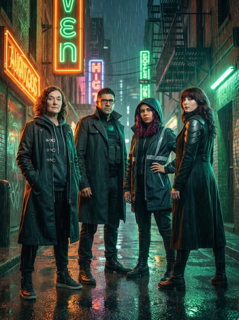 Group of four individuals in futuristic attire standing in a neon-lit alley, surrounded by vibrant signage, evoking themes of fantasy and pop culture.