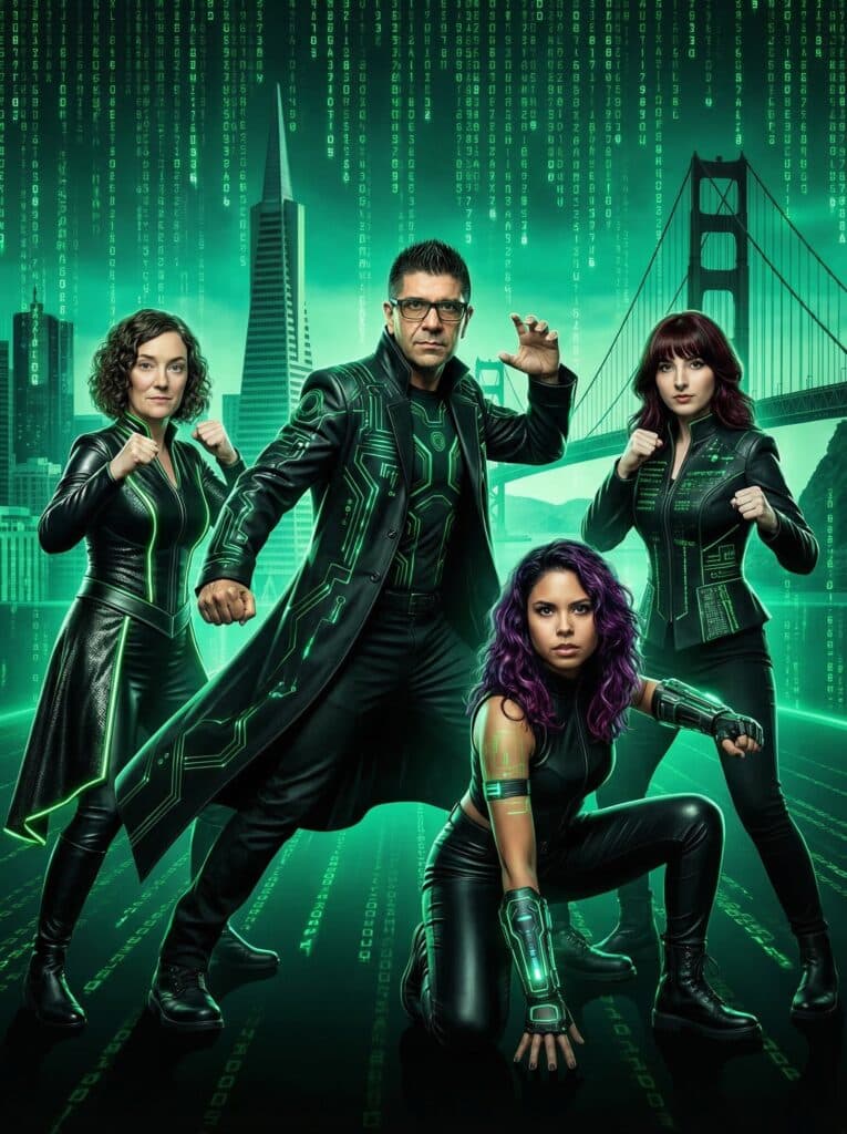 Four individuals in futuristic, green-lit outfits pose dramatically against a digital backdrop featuring binary code and the Golden Gate Bridge, embodying themes of sci-fi and pop culture.