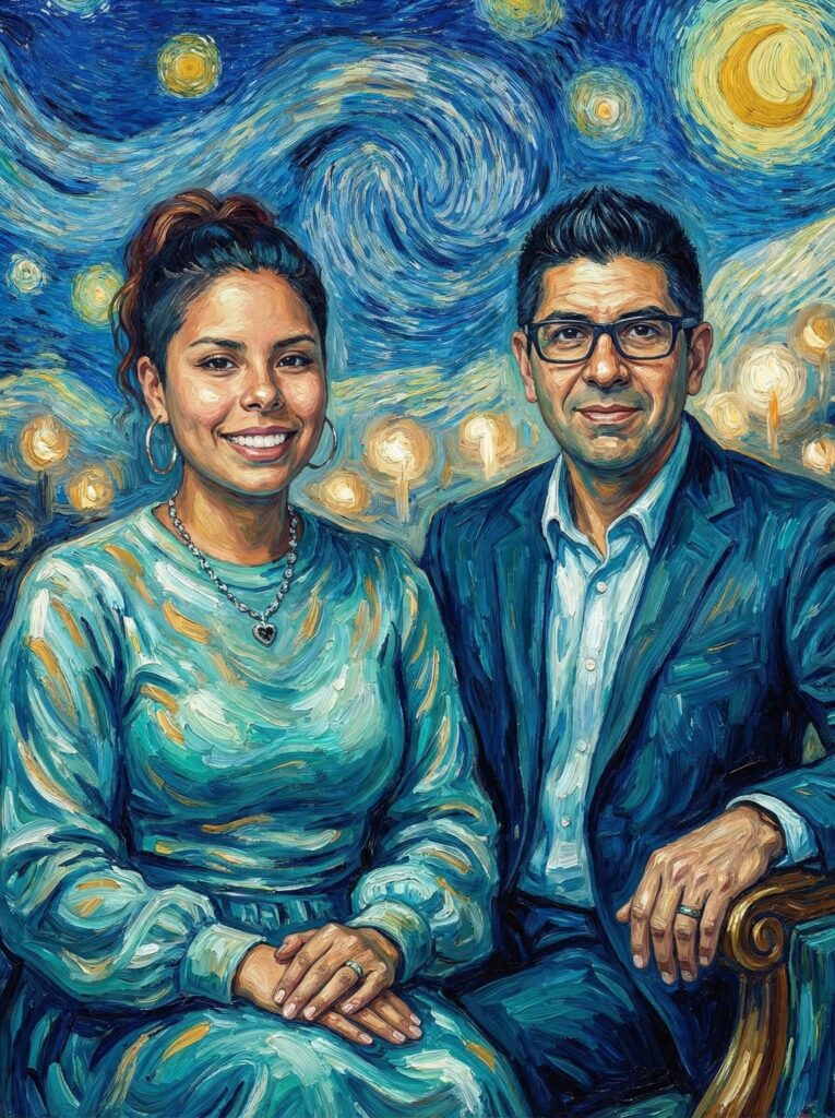 Portrait of a man and woman in a stylized, Van Gogh-inspired setting, featuring vibrant swirls and starry night elements, showcasing the artistic filter of Pop Life Photo's AI-enhanced photo booth services.