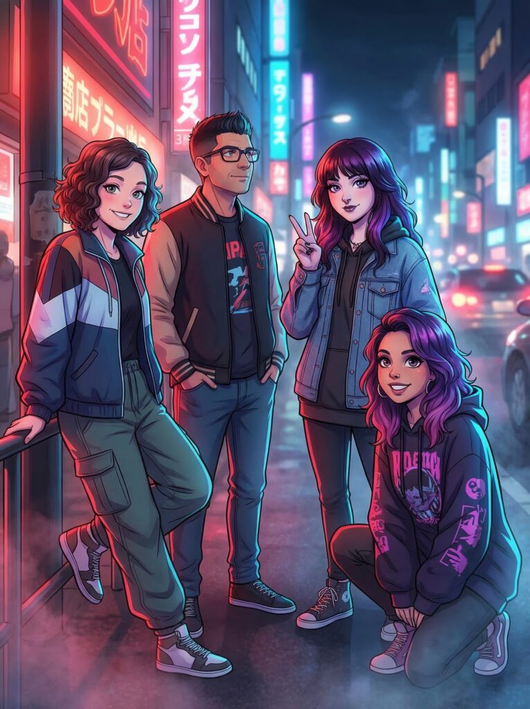 Group of four friends posing in a neon-lit urban setting, inspired by futuristic and pop culture themes, showcasing vibrant street fashion and playful expressions, reflecting a lively nightlife atmosphere.