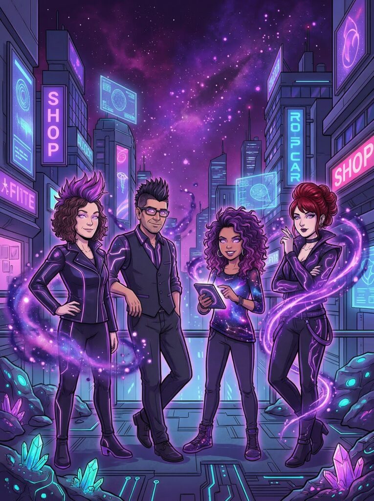 Group of four characters in futuristic attire standing in a neon-lit cityscape, surrounded by glowing crystals and holographic displays, embodying themes of fantasy and pop culture.