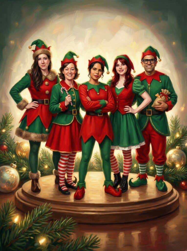 Group of five people dressed as elves in festive holiday attire, surrounded by Christmas decorations and lights, embodying a playful holiday spirit for themed events.