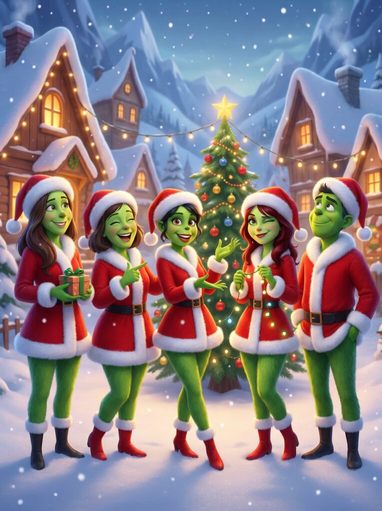 Grinch-themed family in festive attire celebrating Christmas, surrounded by snow-covered cottages and a decorated tree, embodying holiday spirit and joy.