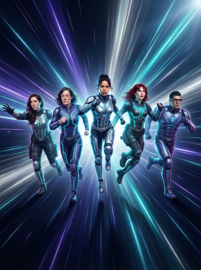 Five diverse characters in futuristic suits running towards the viewer, set against a vibrant, neon burst background, evoking themes of sci-fi and adventure, relevant to Pop Life Photo's AI-enhanced photo booth filters for immersive event experiences.