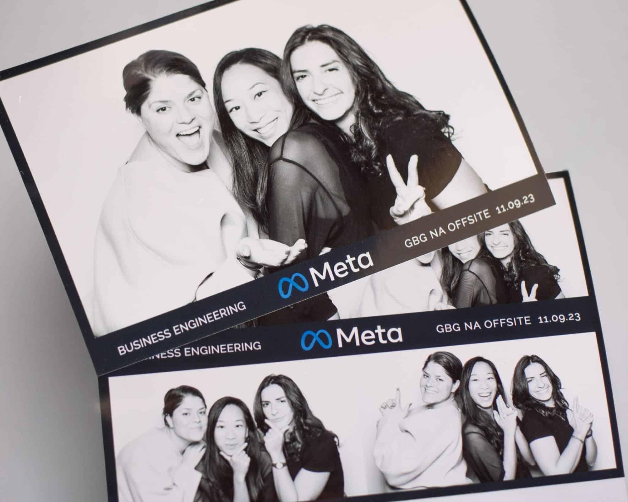 Black-and-white photo strip featuring three women posing playfully, showcasing smiles and gestures, with "Meta" branding and event details for a corporate offsite.