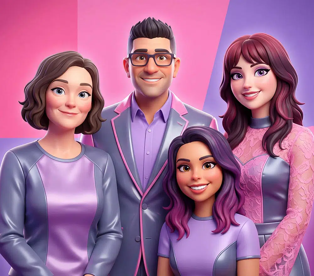 Group of four animated characters in stylish purple outfits against a pink backdrop, showcasing a modern and engaging photo booth experience.