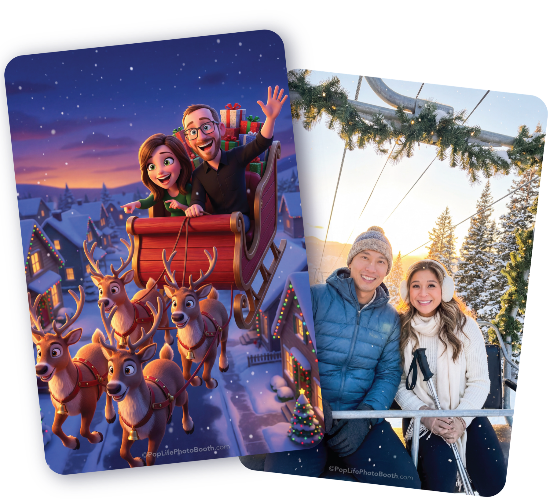AI-generated holiday portraits and photo experiences featuring a couple in a sleigh and guests in