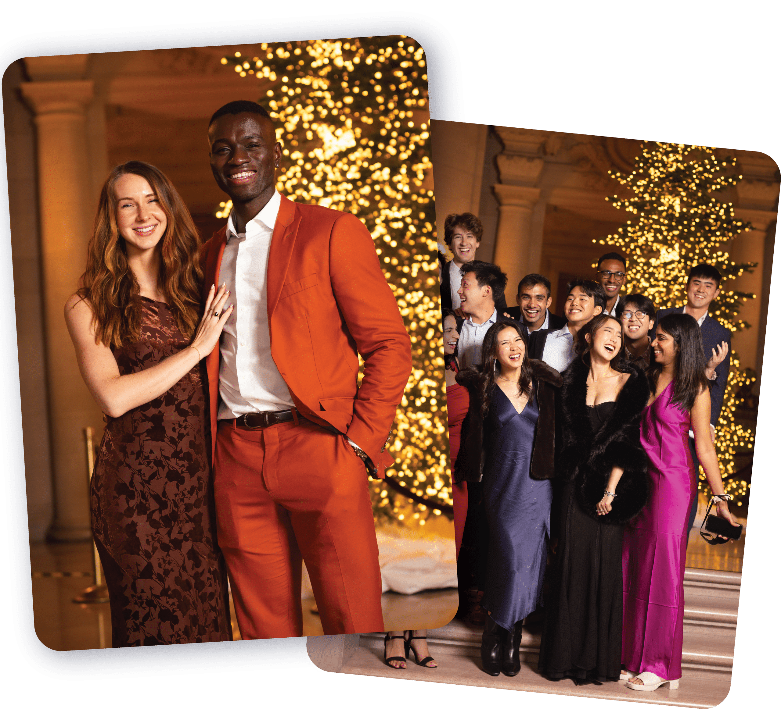 Guests enjoying AI portrait experience at corporate holiday event, styled characters and themed worlds.