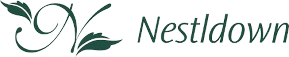 Nestldown logo featuring elegant typography and leaf motifs, representing a luxury wedding venue and event space.