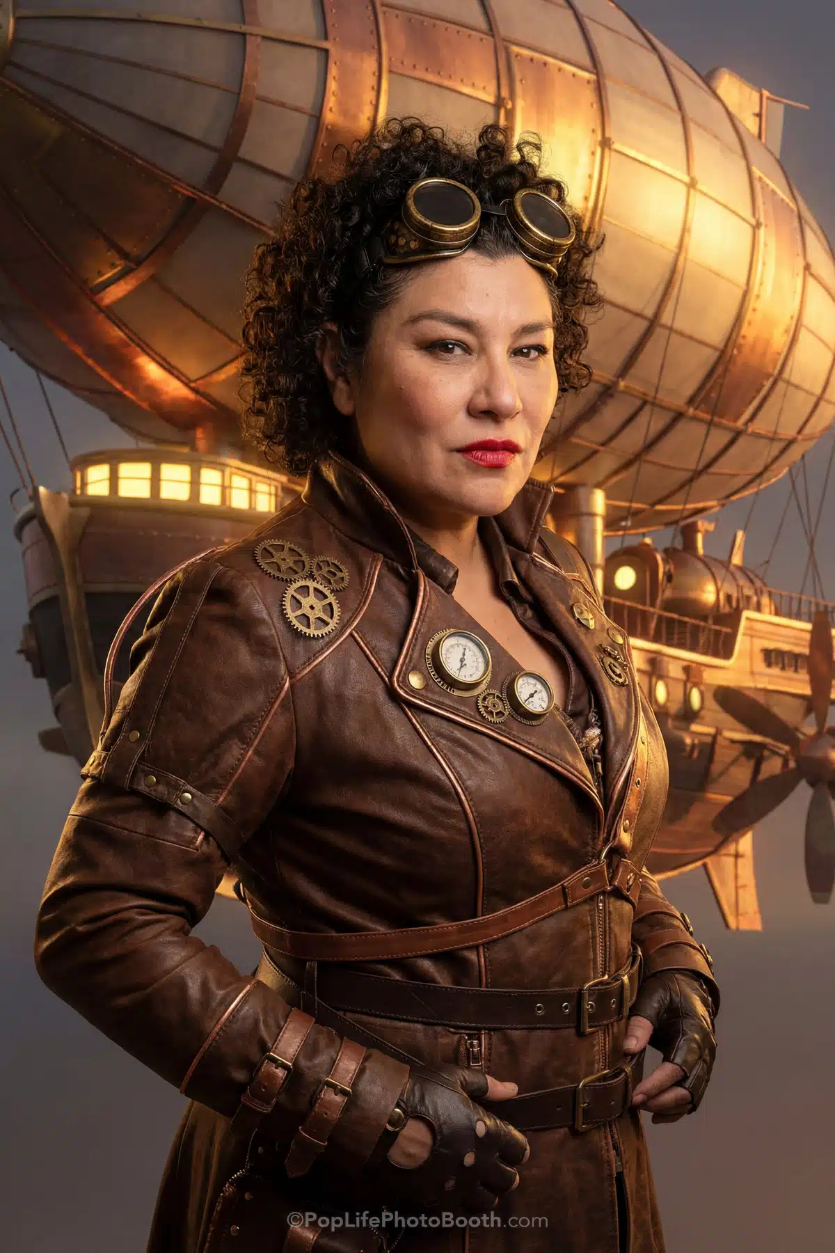 AI-generated portrait with steampunk design overlay and airship backdrop for Pop Life Photo experience.