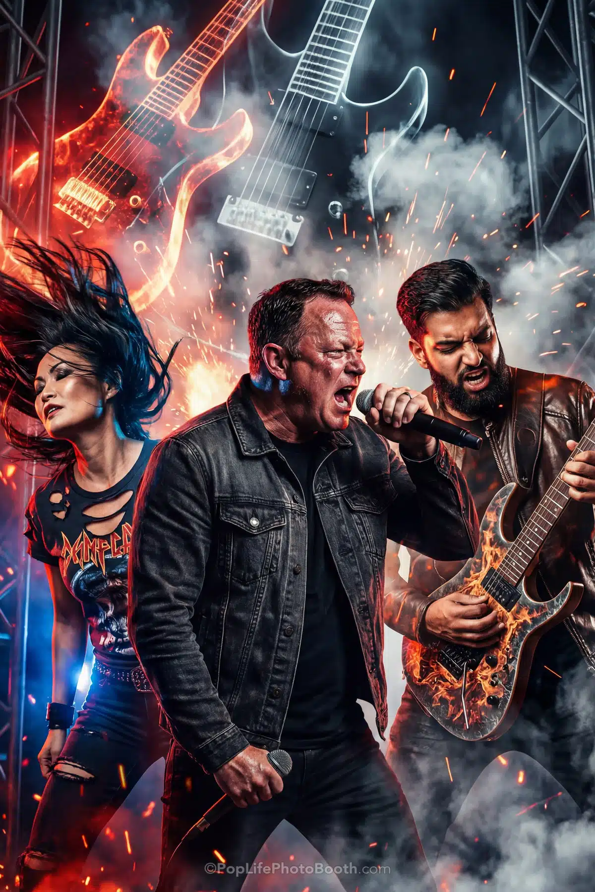 AI-transformed event portraits and custom branded overlays with a rock band performance.