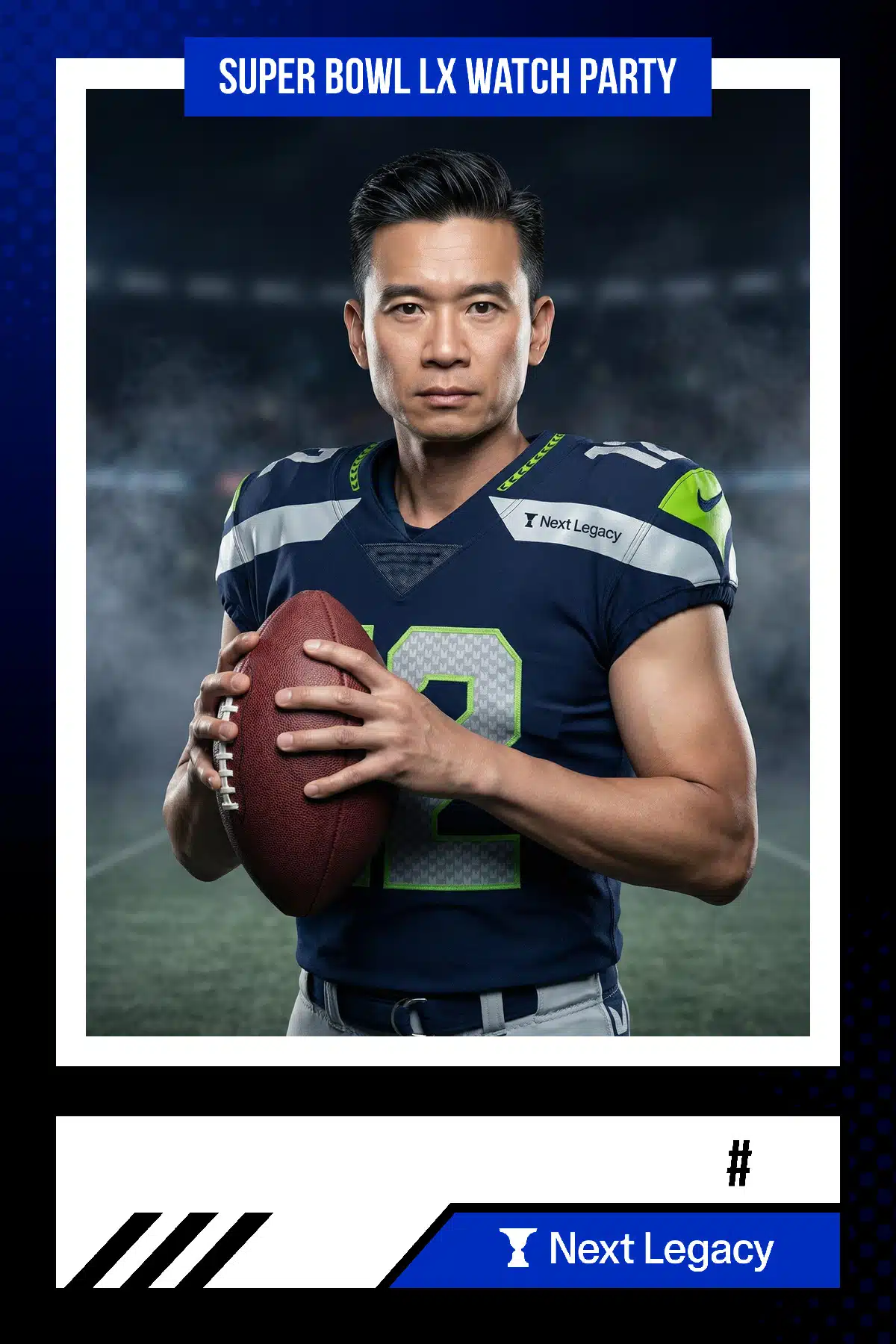 AI-transformed portrait of a football player in Seahawks uniform and jersey, branded event experience.